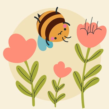 Cute kawaii bee and flowers in cartoon, flat, doodle, simple style. Design element for posters, postcards, greeting cards, wallpapers, children's clothes, fabrics, t-shirts, logos vector
