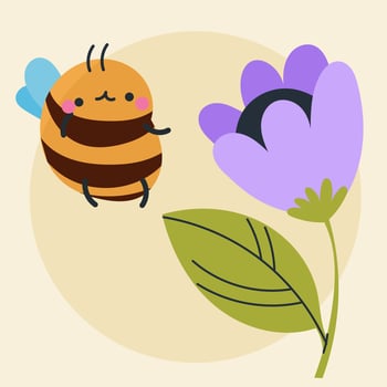 Cute kawaii bee and flowers in cartoon, flat, doodle, simple style. Design element for posters, postcards, greeting cards, wallpapers, children's clothes, fabrics, t-shirts, logos vector