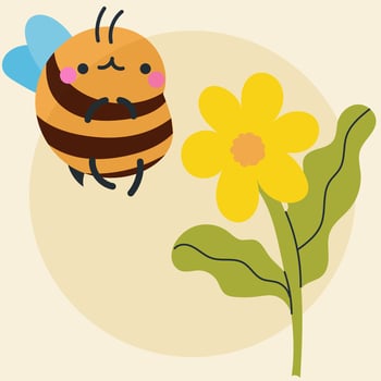 Cute kawaii bee and flowers in cartoon, flat, doodle, simple style. Design element for posters, postcards, greeting cards, wallpapers, children's clothes, fabrics, t-shirts, logos vector