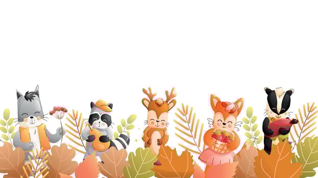 Childrens animals background. A wolf, raccoon, fox, badger, deer surrounded by autumn leaves, branches, and mushrooms. vector