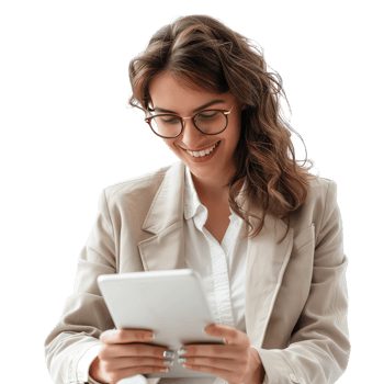 Studio shot of smiling young businesswoman reading notes png