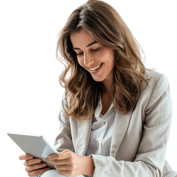 Studio shot of smiling young businesswoman reading notes png