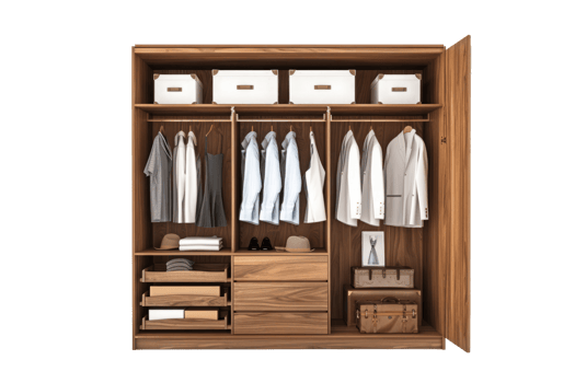 Organized Wooden Closet with Clothes and Accessories png