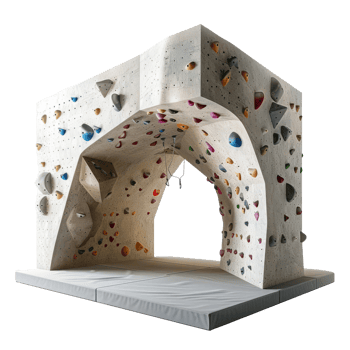 Empty indoor artificial climbing wall with colorful holds and grips. Wall for bouldering in gym. Active extreme sport concept png