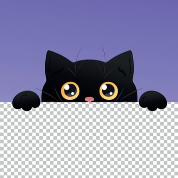 Cute black peeking cat. Curious cat with big yellow eyes is looking out of background. illustration vector