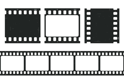 Old retro movie film strip set with grunge texture isolated on white background. Film strip templates. Cinema and filmmaking concept vector