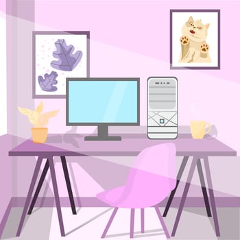minimalist work space, monitor, cpu, table and chairs on a purple background full of light vector