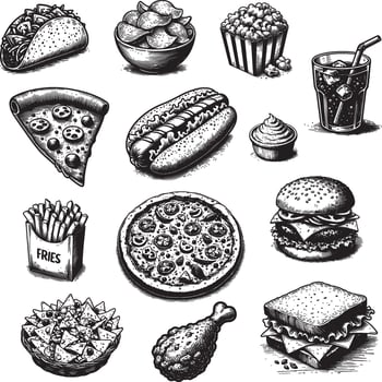 hand drawn fast food sketch illustration set vector