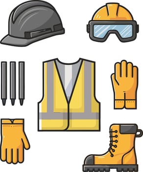 Construction worker cloth illustration, safety gear, gloves, vest, helmet and boot isolated on white background vector
