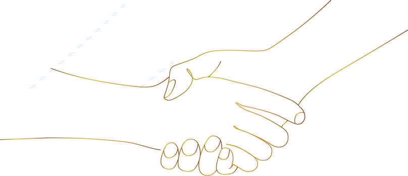 Handshake, helping hand, one continuous line art. The team shakes hands together. Man or woman communication, business agreement, partnership. Sign contracts, peace. outline vector