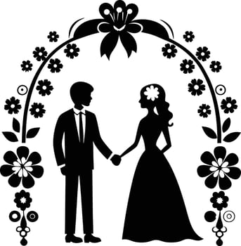 Wedding couple stand in flower arch silhouette illustration vector