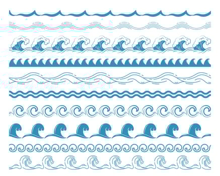 Sea wave borders. Seamless ocean blue waves, nautical horizontal border for pattern brush, wavy water splashes. Sea storm and river flow abstract symbols. Isolated set vector