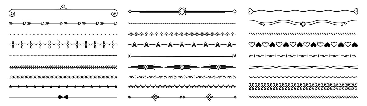 Decorative simple divider. Text dividers retro minimal line separators, elegant doodle frame borders. isolated geometric wedding card heart elements set vector