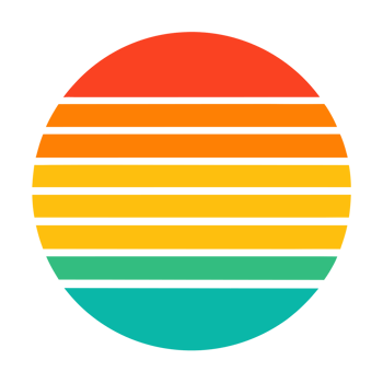 A circular design with horizontal stripes of orange, yellow, and teal retro color palette reminiscent of a sunset. png