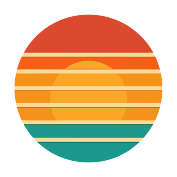 A circular design with horizontal stripes of orange, yellow, and teal retro color palette reminiscent of a sunset. png
