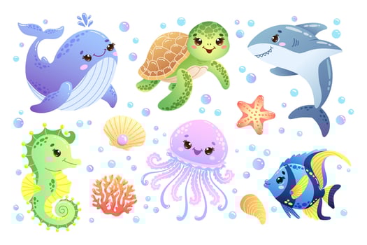 Set of sea animals featuring a cute whale, turtle, shark, seahorse, jellyfish and fish. Hand drawn illustration vector
