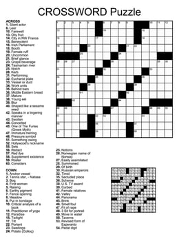 Crossword puzzle game with 15 x 15 squares with clues and solution. vector