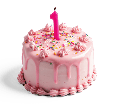 birthday cake with pink icing and one candle png