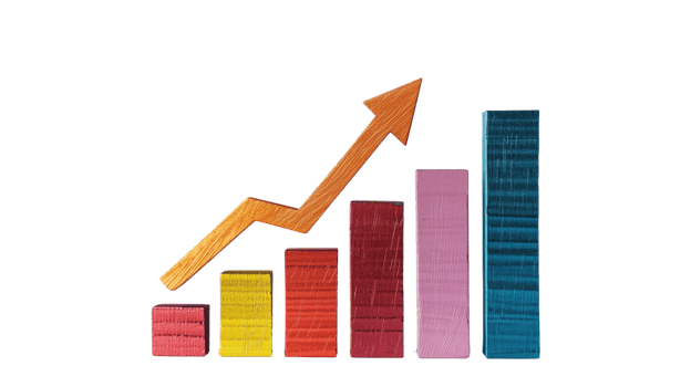 A five-column sales growth chart with an up arrow isolated on a transparent background png