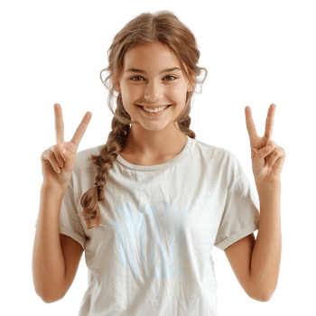 A girl is smiling and holding up her hands in a peace sign png