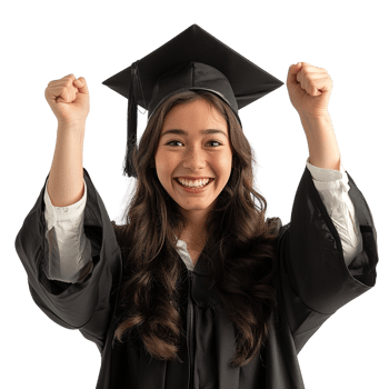 A woman in a graduation gown is smiling and holding her hands up in the air. Concept of accomplishment and joy as the woman celebrates her graduation png