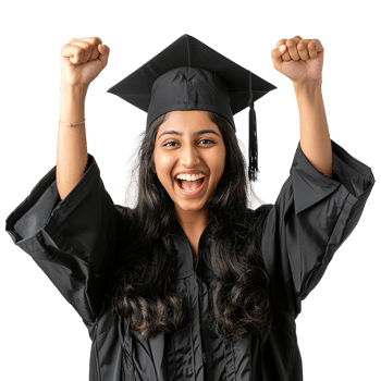 A woman in a graduation gown is smiling and holding her hands up in the air. She is wearing a black cap and gown and she is celebrating her graduation png