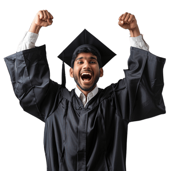 A man in a black graduation gown is smiling and raising his hands in the air. Concept of accomplishment and joy, as the man has just graduated from college png