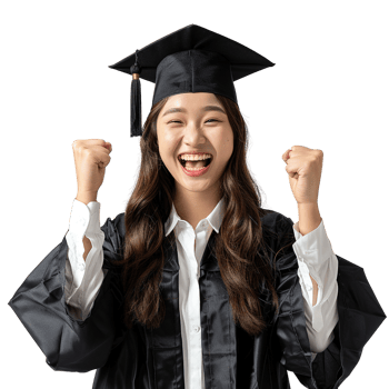 A woman in a graduation gown is smiling and holding her hands up in the air. She is celebrating her graduation and is happy about her achievement png