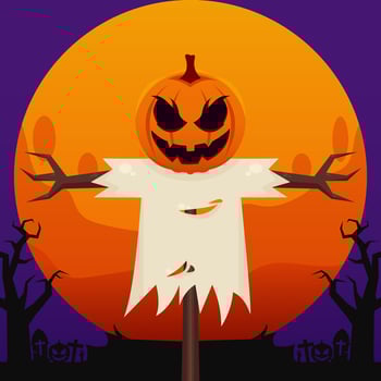 halloween scarecrow with pumpkin on top of it vector