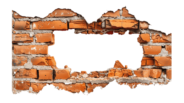 A hole in a broken brown brick wall isolated on a transparent background png