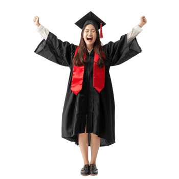 A woman in a black graduation gown with a red and white sash is smiling and waving. She is celebrating her graduation png