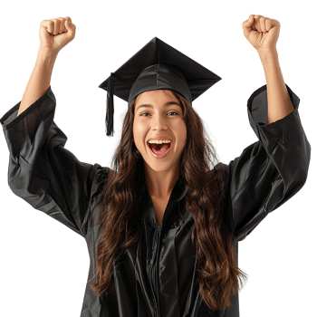 A woman in a graduation gown is smiling and raising her hands in the air. Concept of accomplishment and joy as the woman celebrates her graduation png