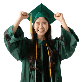 A woman in a green graduation gown is smiling and holding her hands up in the air. She is wearing a green cap and gown with a gold tassel png