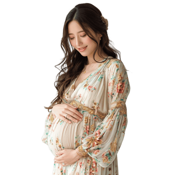 A pregnant woman is wearing a floral dress and holding her stomach png