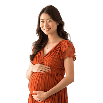 A pregnant woman is wearing an orange dress and smiling png