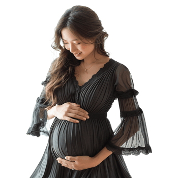 A pregnant woman is wearing a black dress and is posing for a picture. Concept of comfort and warmth png