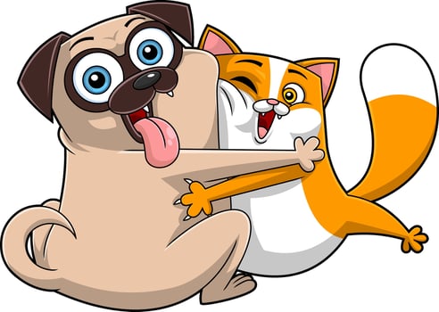 Happy Dog And Cat Cartoon Characters Together In Hug vector