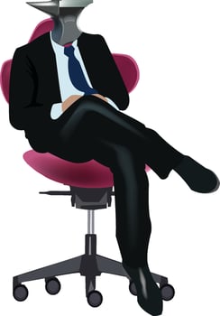 Businessman sitting on chair with anvil as head vector