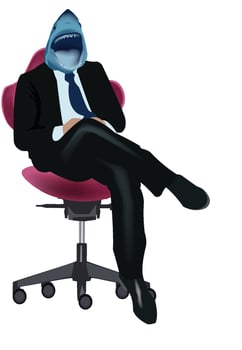 Businessman with shark head sitting on office chair vector