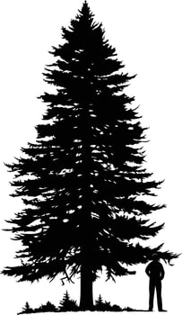 Silhouette of a tall pine tree with a man standing beneath its branches vector