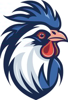 Bold, stylized rooster head logo design with blue, white, and red color scheme vector