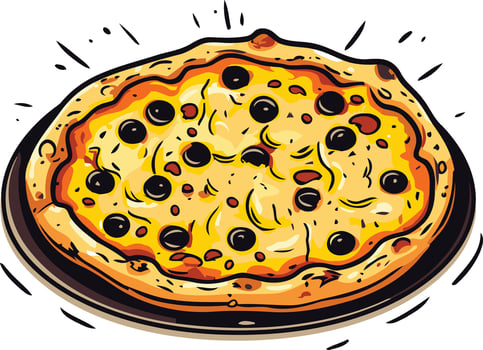 A delicious hand drawn illustration of a pizza topped with melted cheese and olives, perfect for your restaurant menus, food blogs, or social media vector
