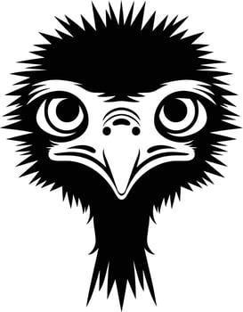 A bold, black and white illustration of an ostrich's head, with a striking gaze and sharp detail vector