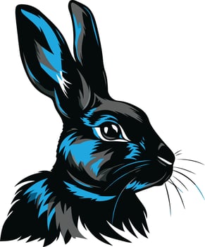 A bold and stylized illustration of a black rabbit s head with a blue accent vector