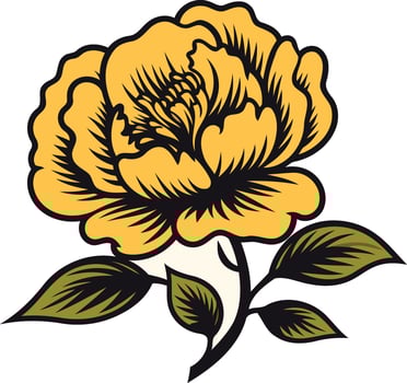 Classic floral illustration featuring a stylized yellow peony with detailed leaves vector