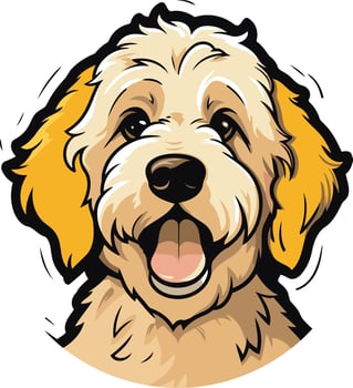 Adorable cartoon doodle of a golden doodle puppy with big, playful eyes and a happy grin vector
