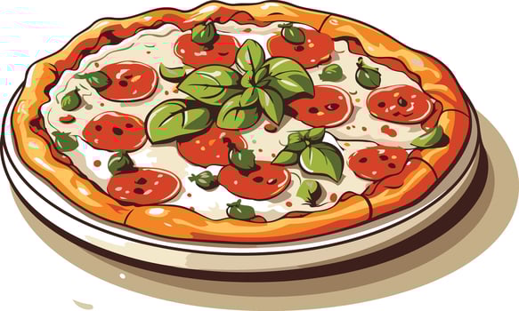 A delicious looking cartoon pizza with pepperoni, cheese, and basil vector
