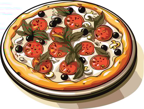 A delicious looking cartoon pizza with tomato, cheese, and basil toppings, perfect for menus, food blogs, and social media vector