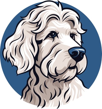 Adorable cartoon illustration of a fluffy white dog with floppy ears, perfect for pet related products, websites, and social media vector