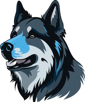 The head of a husky dog is shown in blue vector
